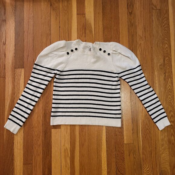 Joie Ruthine Sweater, Breton Stripes, Puff Sleeves, Buttons, Crew Neck, Sz M - Picture 7 of 11